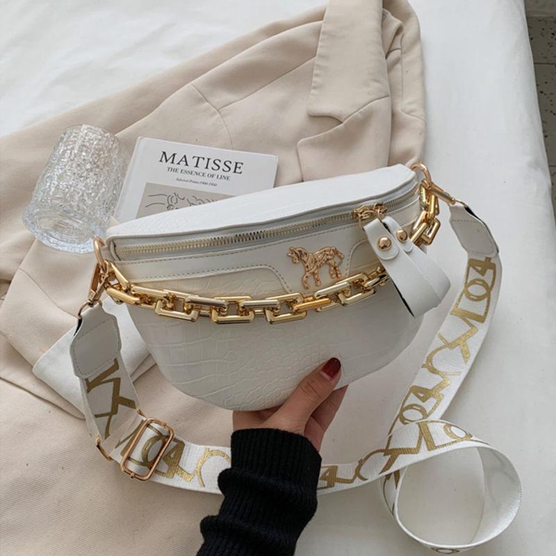 Horse Decor Double Zipper Chain Fanny Pack Crossbody Chest Bag Crocodile Embossed Coin Purse Waist Belt Pocket Runningbelt