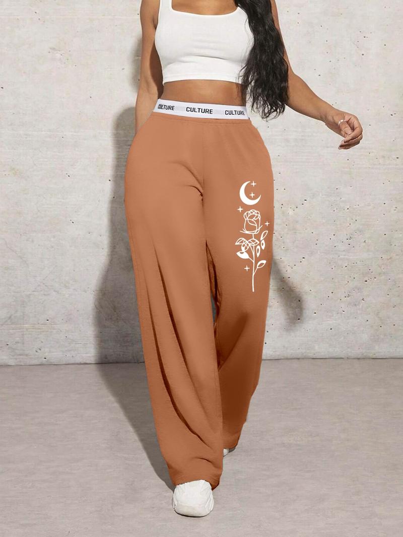 Women's Floral Print Pocket Wide Leg Sweatpants, Casual Comfy Trousers for Daily Wear, Ladies Bottoms for All Seasons