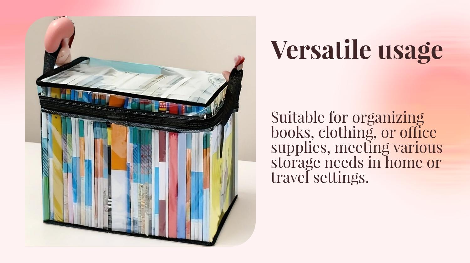 3 Pack Transparent Storage Bags with Zipper Closure, Large Rectangular Stackable Design Space Saver Bags for Books, Clothes, Office, Home, Travel