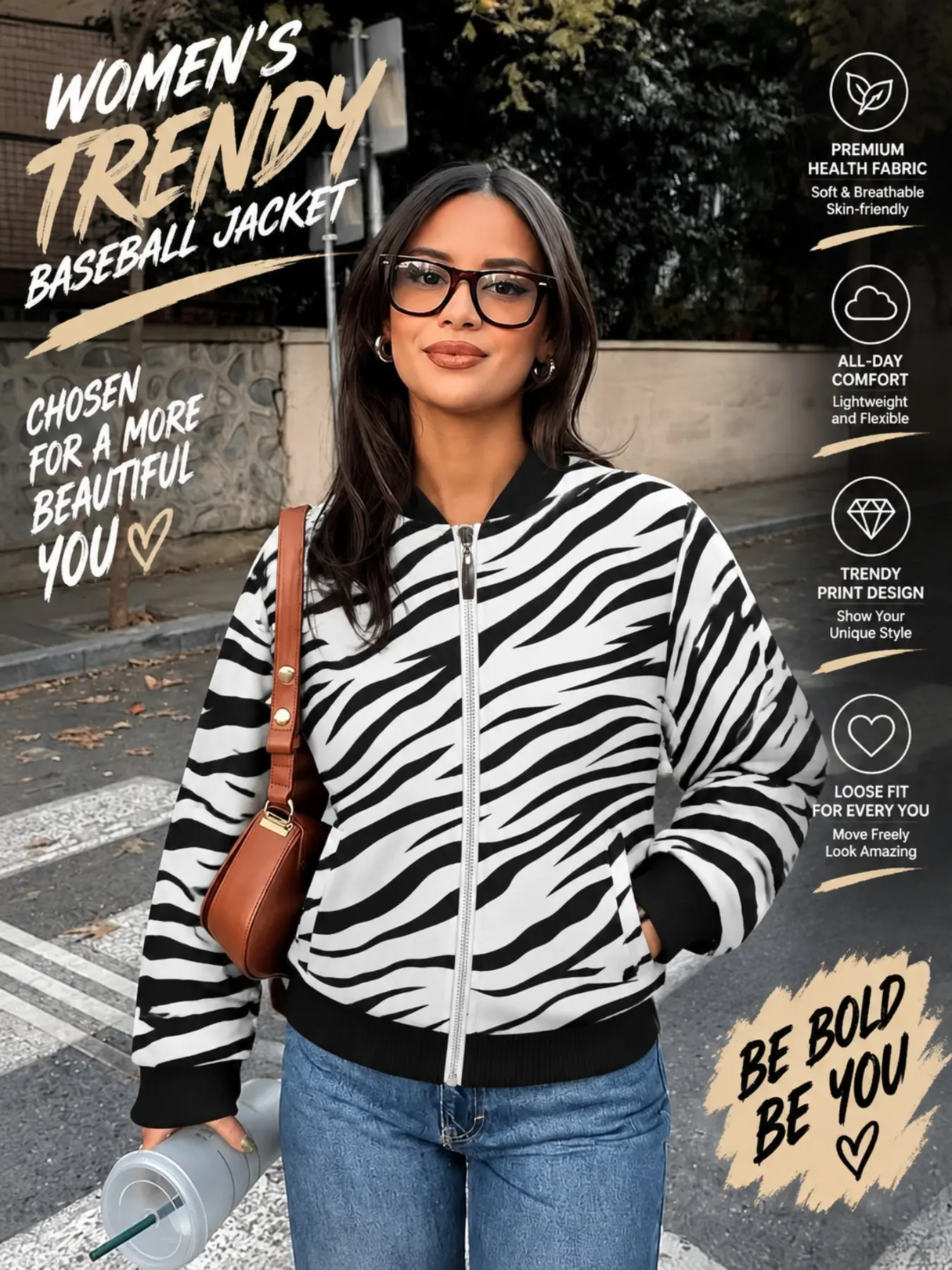 Women's Zebra Stripe Print Full Zip Baseball Jacket, Vintage Animal Pattern Windproof Jacket, Stylish Casual Fall Winter Bomber Coat, Striped