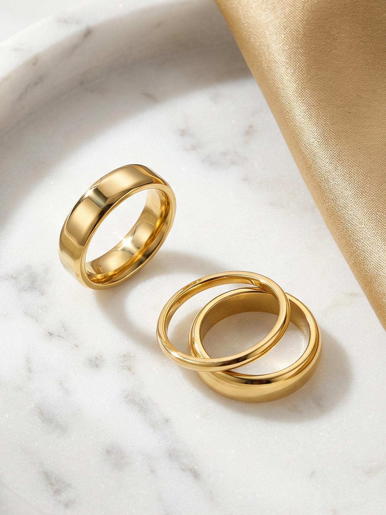3-piece 18K gold stainless steel plain ring, high-end and niche, elegant ring with a smooth surface, high-quality jewelry ring / stainless steel material / colorfast / hypoallergenic / couple's style / suitable for festivals / parties / ideal gift