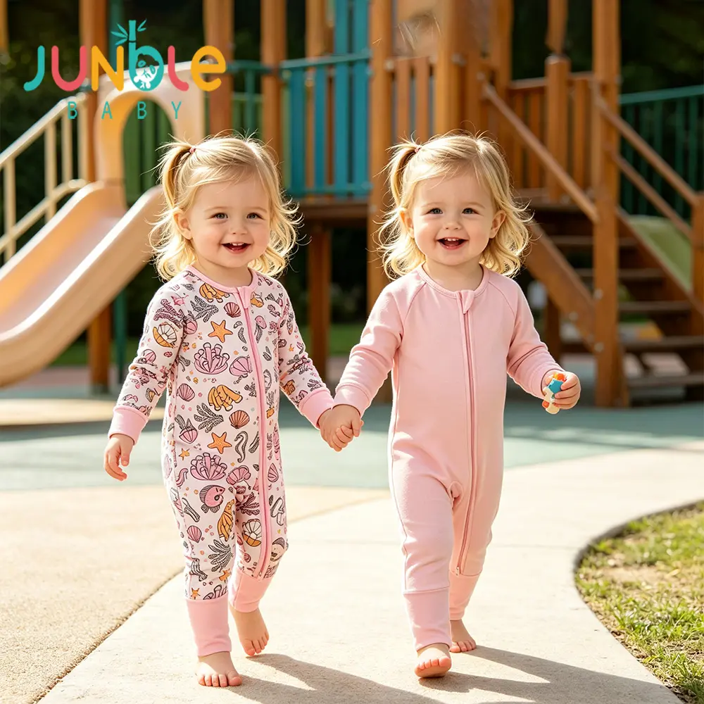 Junblebaby Bamboo Fibers Baby Zipper Romper Footies Pajamas, 0-24 Months, 2-Way Zipper, Fold-Over Mitts, Fold-Over Feet, Non-Slip Soles, Super Soft Fabric, Long/Short Sleeve, Solid Plain, Autumn Wear