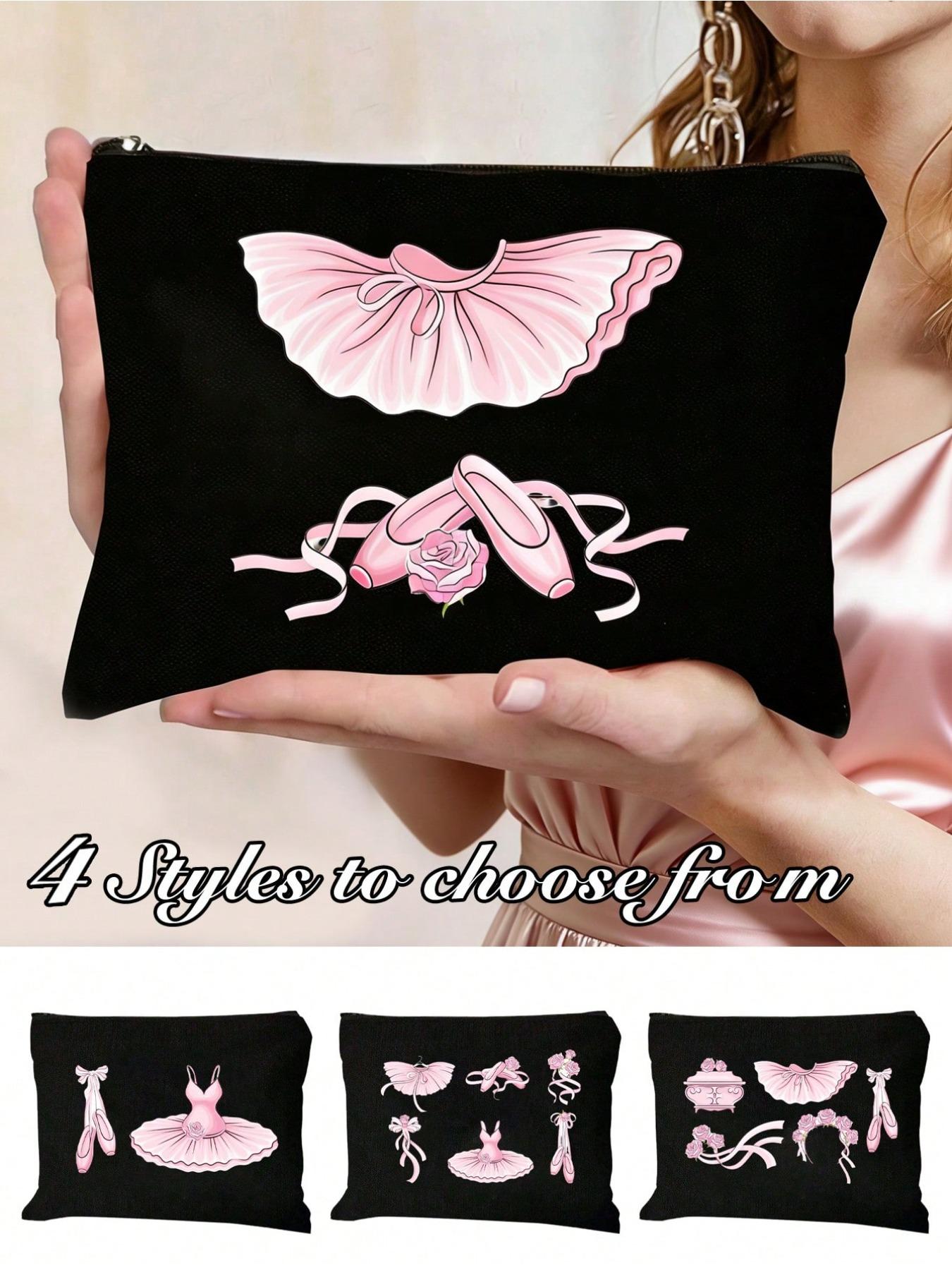 Ballet Pattern Women's Black Makeup Storage Bag, Handbag, Zippered Canvas Bag, Cute Retro Ballet Skirt, Dance Shoes, Rose Element, Bow Element, Vacation Bag, Large Capacity Storage Bag,