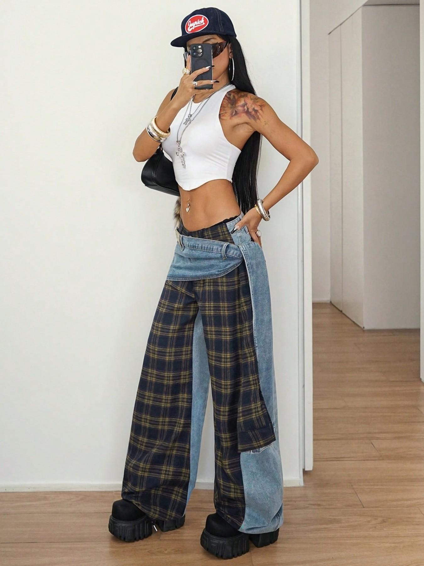 Women's Patchwork Plaid Side Tie Wide Leg Jeans, Fashionable Comfort Design, Perfect for Daily Wear, Trendy Stylish Accent, Casual Loose Jeans