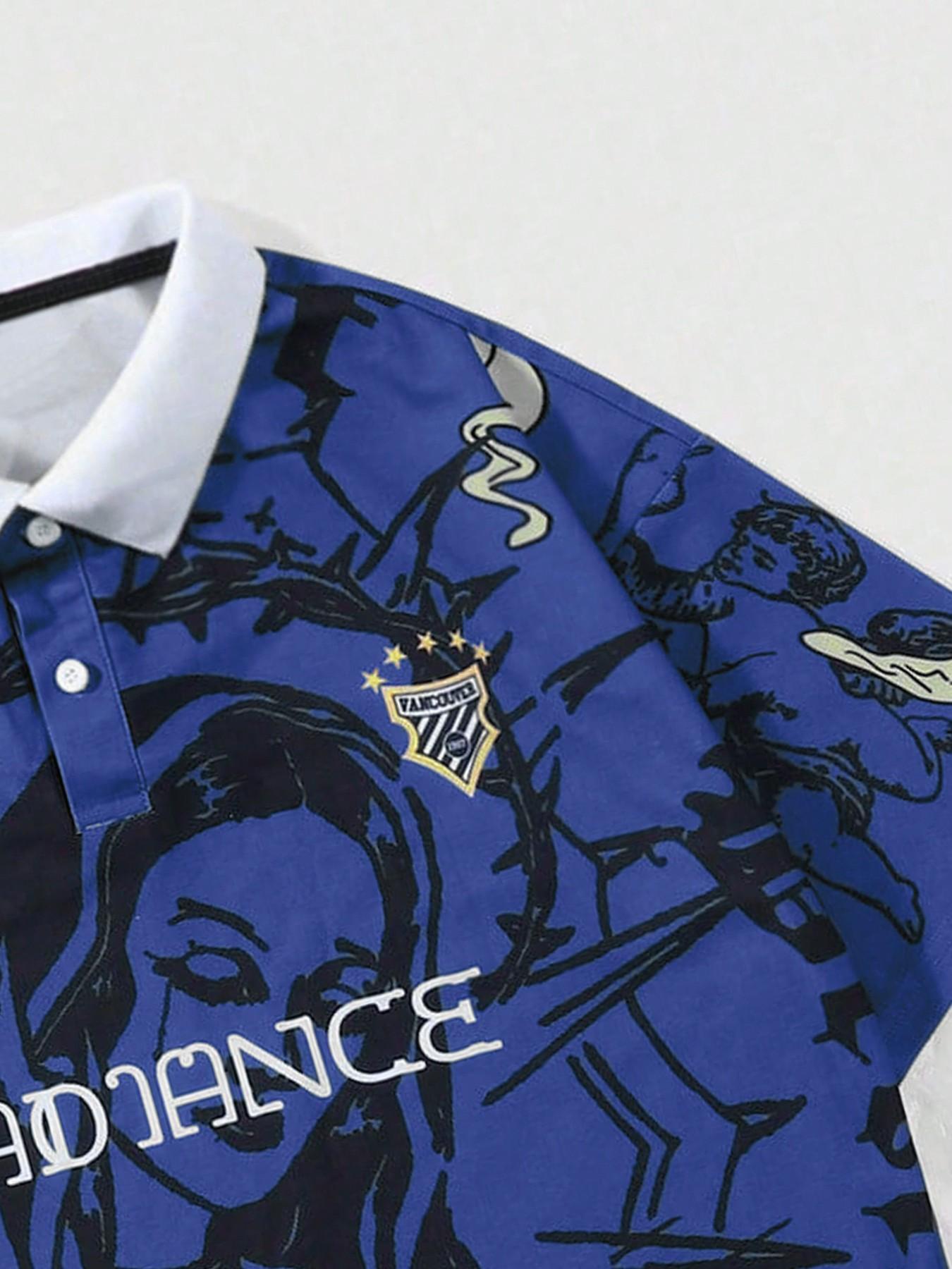 Men's Blue Religious Graphic Polo Shirt, Contrast Collar Short Sleeve Tee For Streetwear