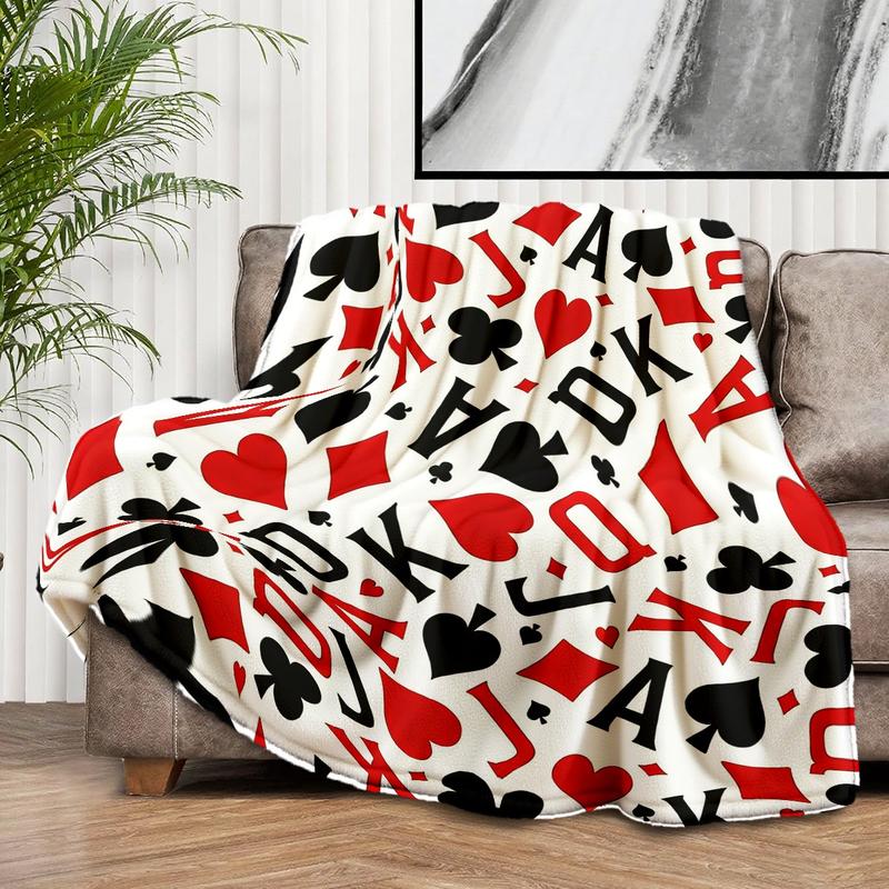 Trendy Poker Print Flannel Blanket, Soft and Warm, Anti-Pilling, Ideal for Naps, Camping, Travel, All Seasons Gift