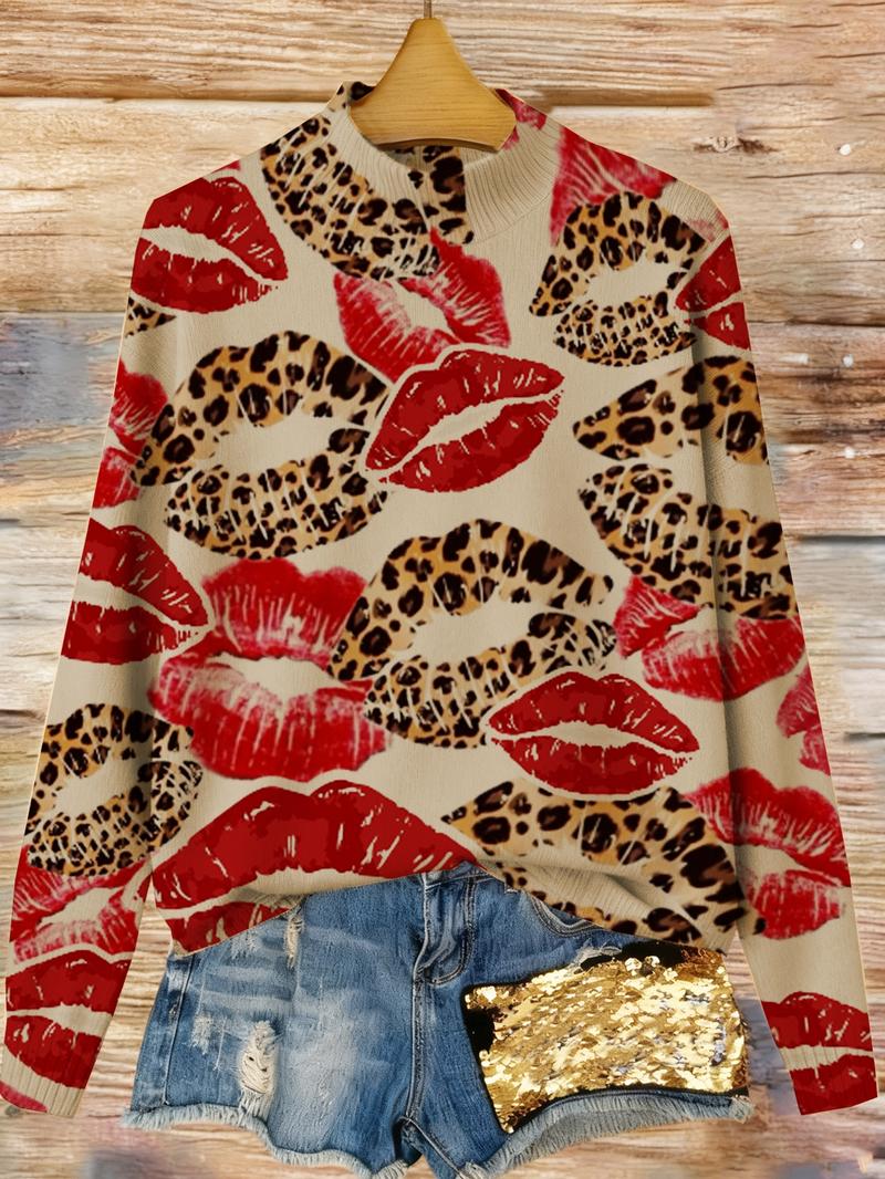 Women's Leopard Print Lip Design Mock Neck Sweater, Cozy Long Sleeve Knit Top for Fall & Winter, Casual and Versatile Women's Clothing