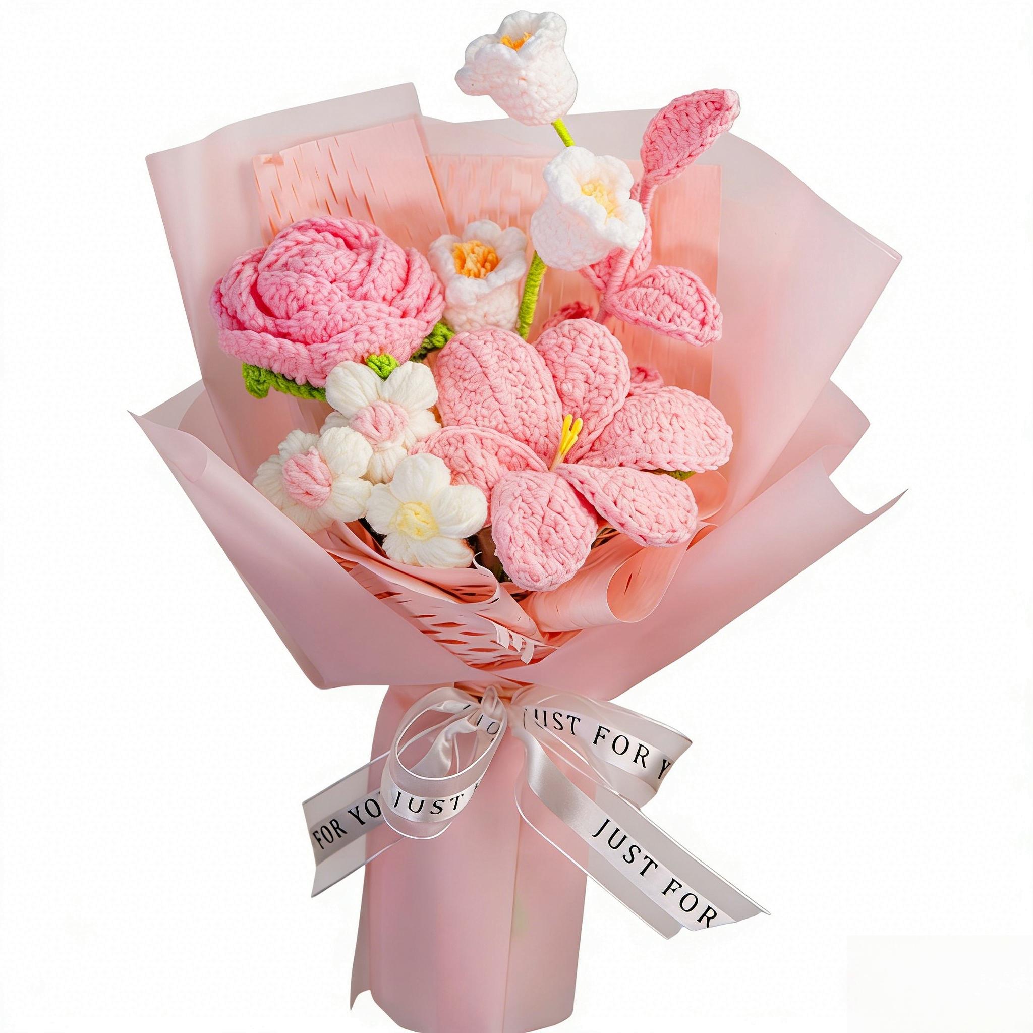 Handmade Crochet Flower Bouquet with Lily Rose Tulip,Artificial Flowers Soft Yarn Material Home Decor Accent Everlasting Gift for Lover Friend Mom Valentine's Day Birthday Anniversary,Valentine's Day Gifts,Valentine's Day Bouquets