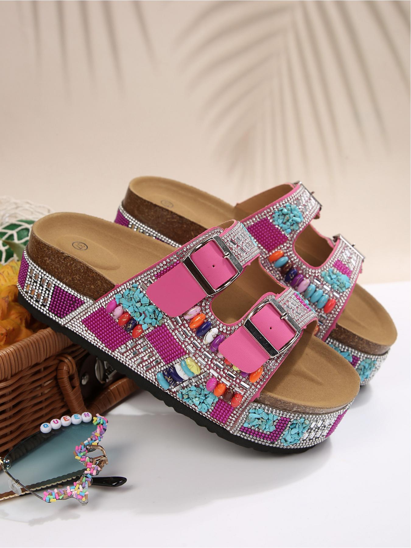 Bohemian Ethnic Style Strappy Metal Buckle Height-Increasing Holiday Beach Shoes, Dopamine Colors Y2K Hot Girl Must-Have Full Rhinestone Thick Sole Slides Women's 2026 New Summer Fashion Thick Sole Sandals