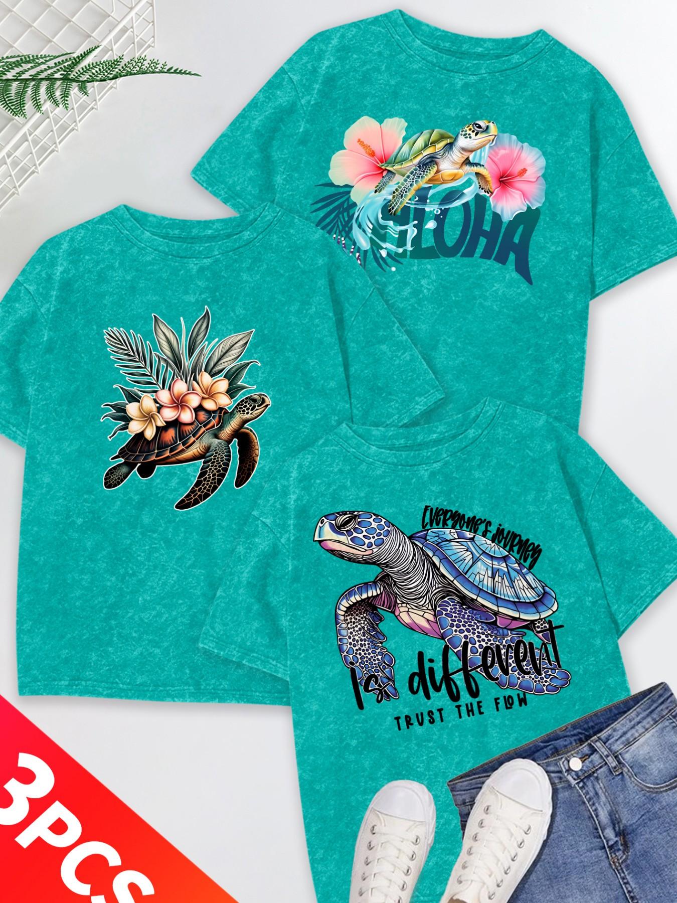 Women's 3-Pack Snow Wash Short Sleeve T-Shirt, Hawaiian Sea Turtle & Floral Print Set, Multiple Colors, Machine Washable, Spring & Summer Tops, Soft Skin-Friendly Fabric, Daily Wear, Fashion Design