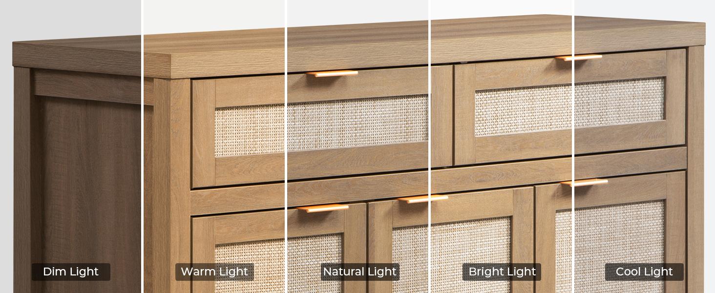 SICOTAS Rattan Sideboard Buffet Cabinet - Boho Farmhouse Credenza with 3 Doors and 2 Drawers, Storage Console Cabinet for Kitchen, Living Room, Entryway, Coffee Bar and Home Decor