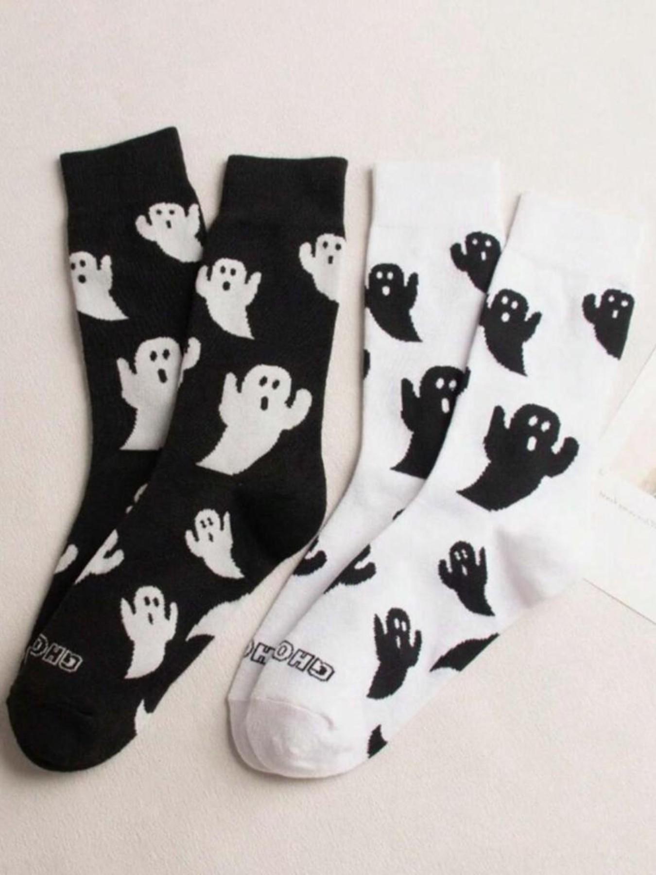 4 Pairs Unisex Cute Ghost Print Crew Socks, Fun Casual Streetwear Socks