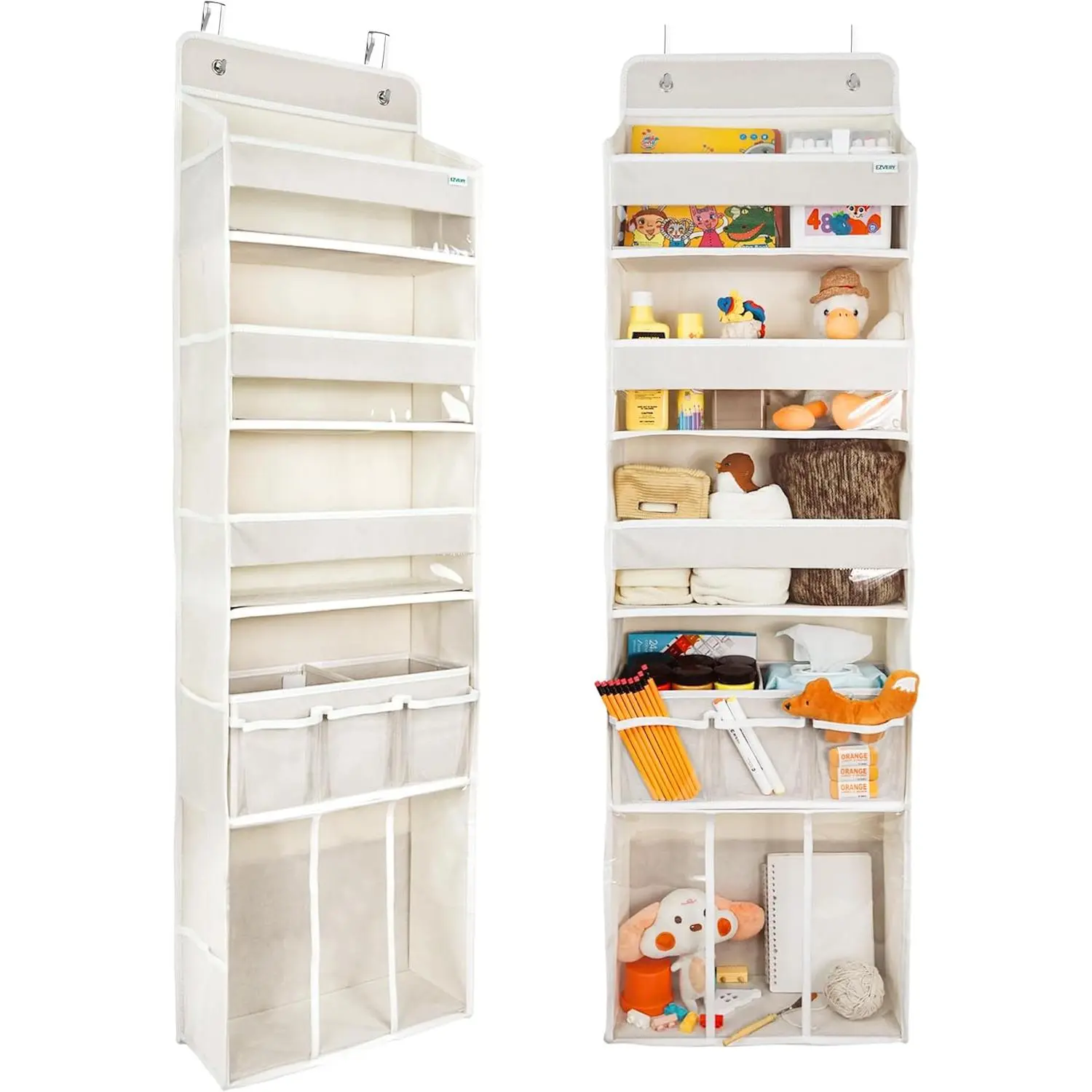 Door Hanging Storage Organizer,with 3 Bins 1 Movable Baby Diaper Caddy,1 Large capacity diaper stacking storage Organizer,10 Side Pockets ,Bedroom Door Storage for Nursery Baby Essentials.