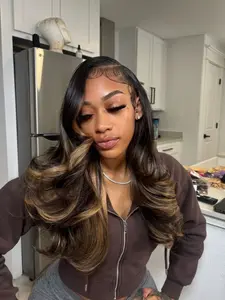 26 Inch Black and Brown Highlights Body Wave Lace Front Wig |Heat Resistant Synthetic Fiber, Soft & Lightweight Natural Parting