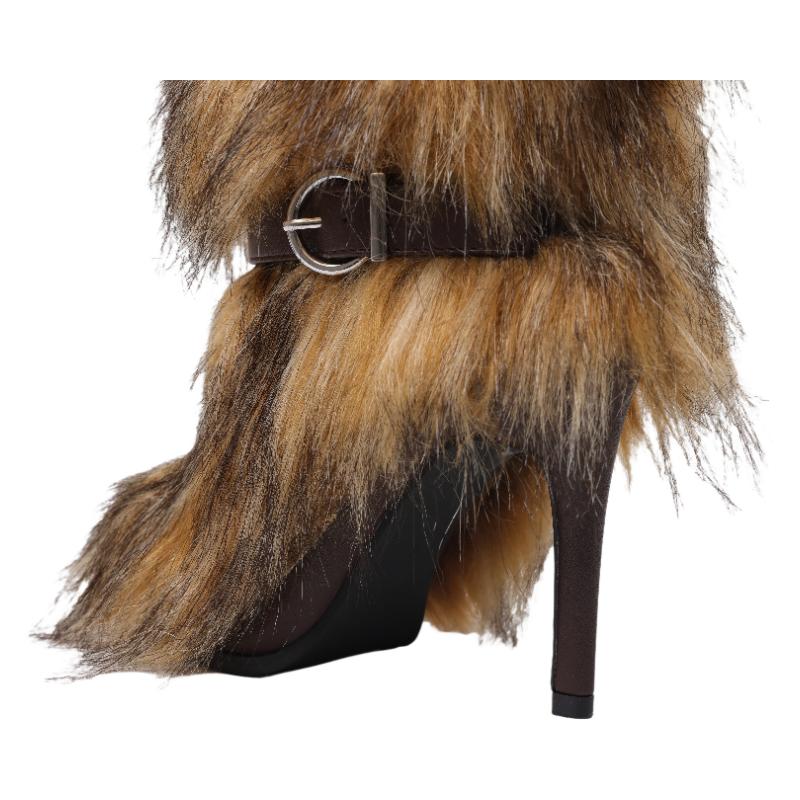 Women's Warm Winter Snow Stilettos Boots Mid-Calf Pointed Toe Furry High Heeled Christmas Holiday Boots Brown Fashionable Walking Shoe