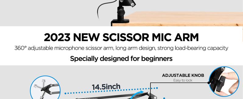 Microphone Arm Desk Mount, Bietrun Upgrade Thick Arm＆Strong Pull Metal Scissor Desk Boom Arm for Blue Yeti/Wave/Snowball/Quadcast/Shure SM7B/SM58/MV7, with 3/8" Plug, 3/8" to 5/8" Adapter, Mic Clip
