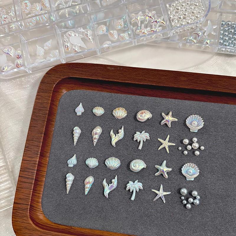 Light Blue Nail Charm Set - Pearl Starfish Shell Nail Pressing DIY Accessory Kit, Ocean Mermaid Style Acrylic Fake Tips, Perfect for Halloween, Christmas, New Year Party Nail Decoration