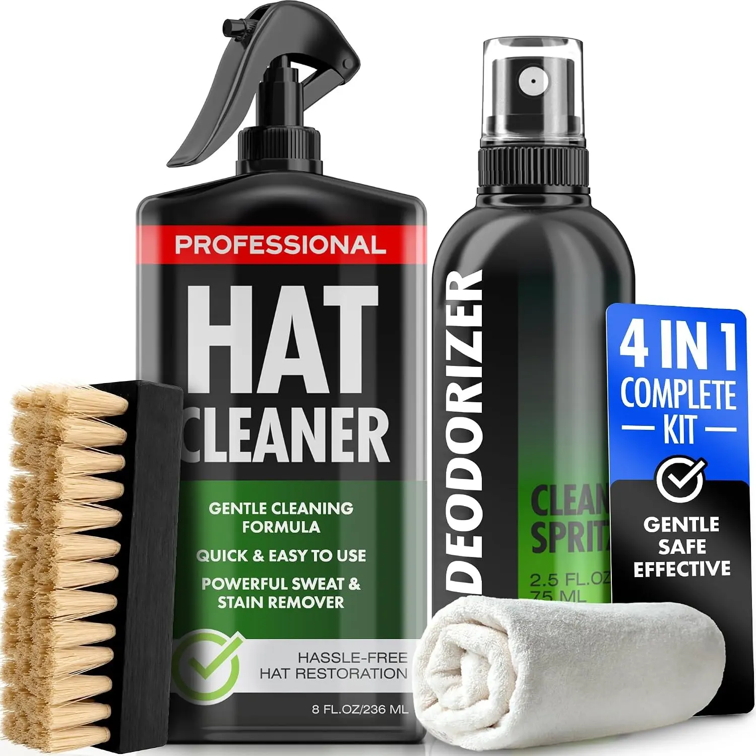 4-in-1 Professional Hat Cleaning Kit with Deodorizer, Brush & Microfiber Cloth – Gently Removes Dirt and Stains from Baseball Caps, Cowboy Hats & Felt HatsGift