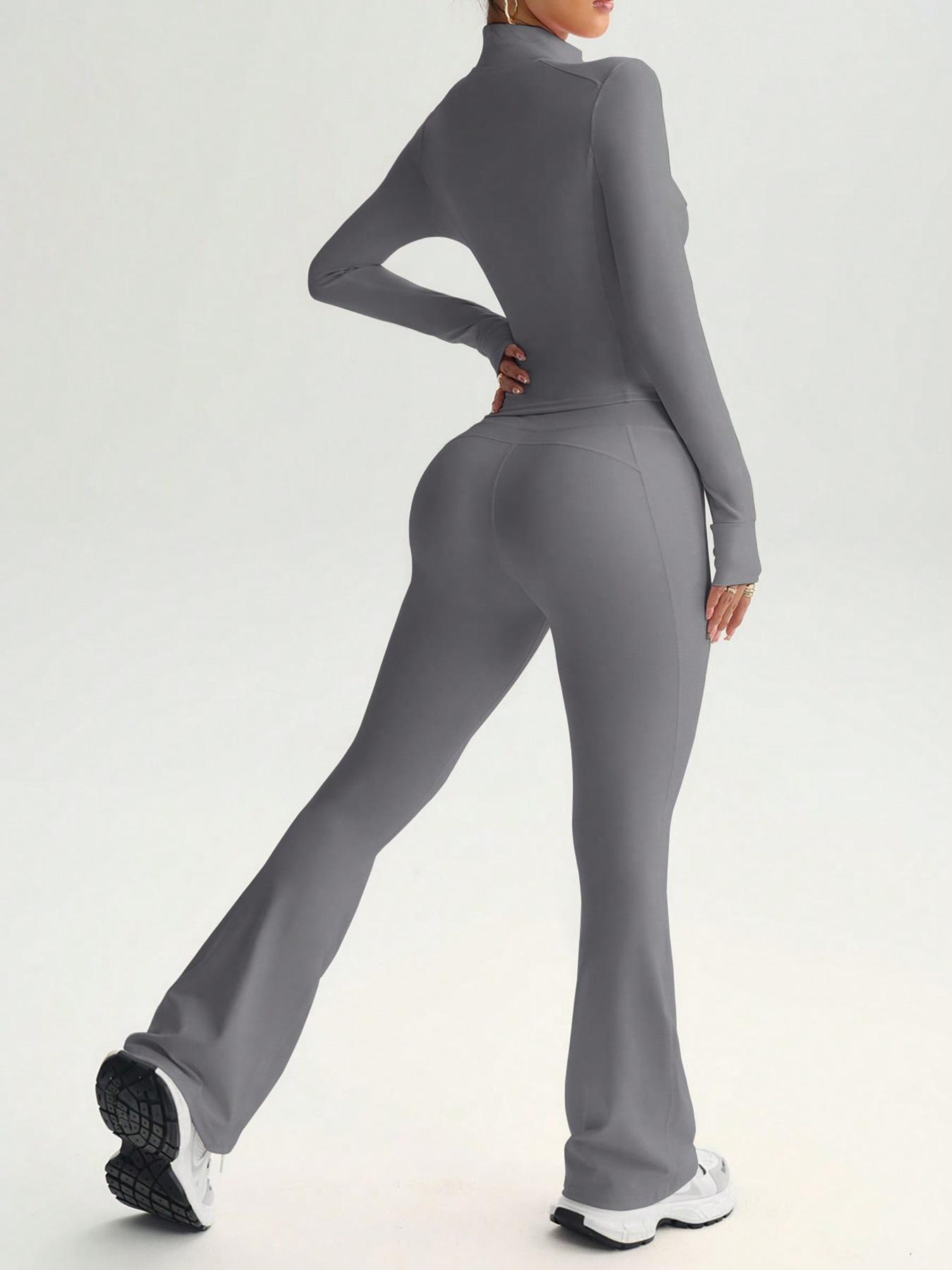 Women's 2-Piece Solid Color Set Long Sleeve Stand Collar Jacket with Thumb Holes, Breathable Yoga Athleisure Wear Set for Gym Outdoor Running Sweatsuit Set