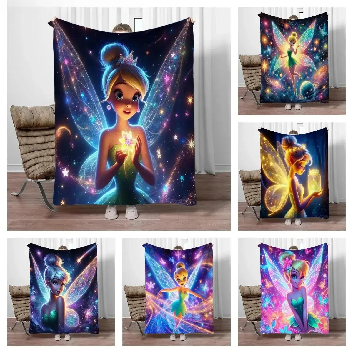 Dreamy Neon Sparkle Wing Fairy Character Print Flannel Blanket Cozy Warm Throw for Indoor Outdoor Use