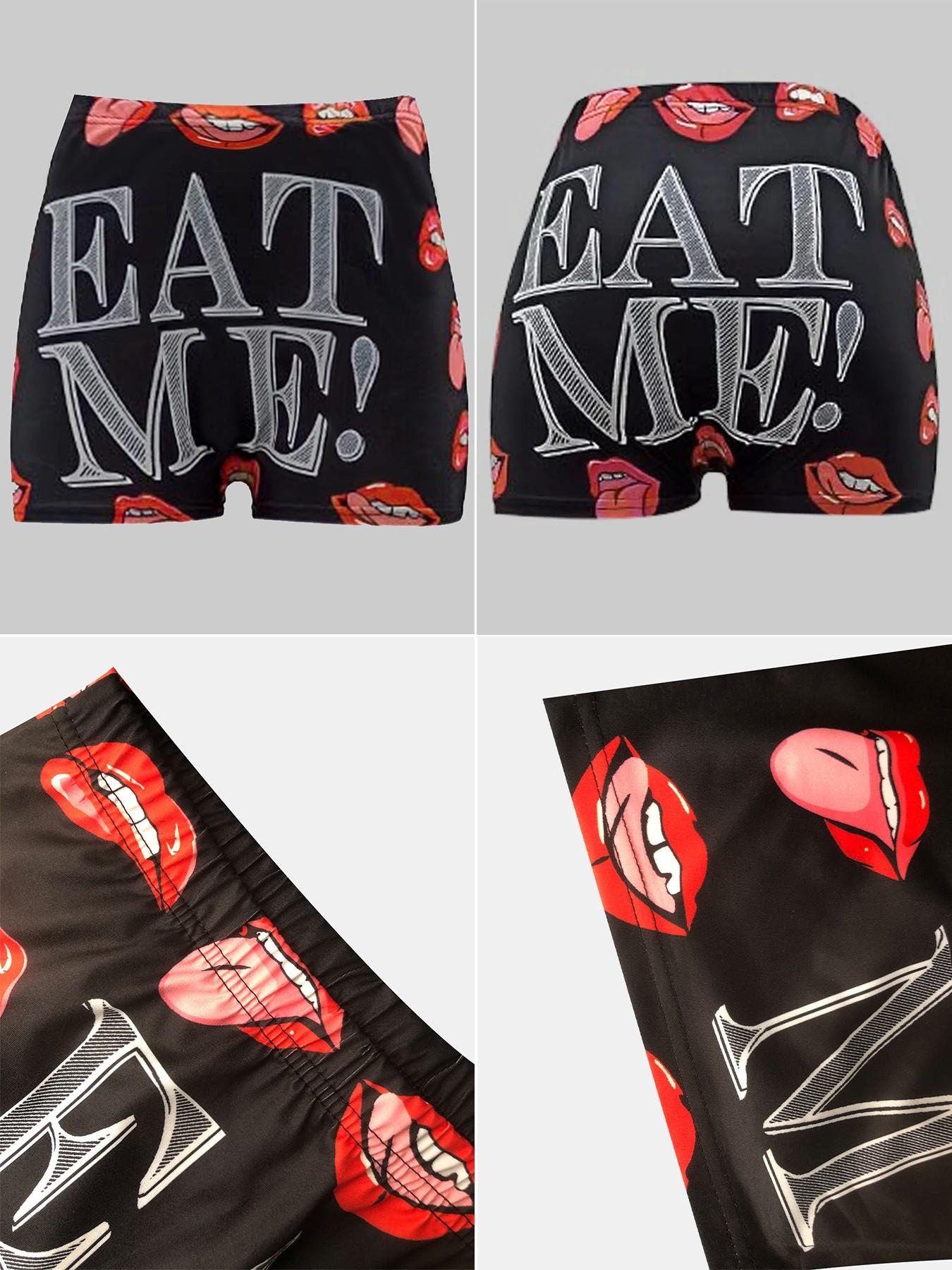Women's All Over Letter & Lips Print Elastic Waist Shorts, Casual Comfy Breathable Graphic Print Shorts for Summer, Ladies Bottoms for Daily Wear