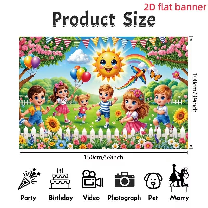 Happy Kids Spring Garden Backdrop Banner, Cartoon Sun Birthday Party Photo Backdrop, Kids Classroom Decor, Home Decor, Festival & Party Supplies