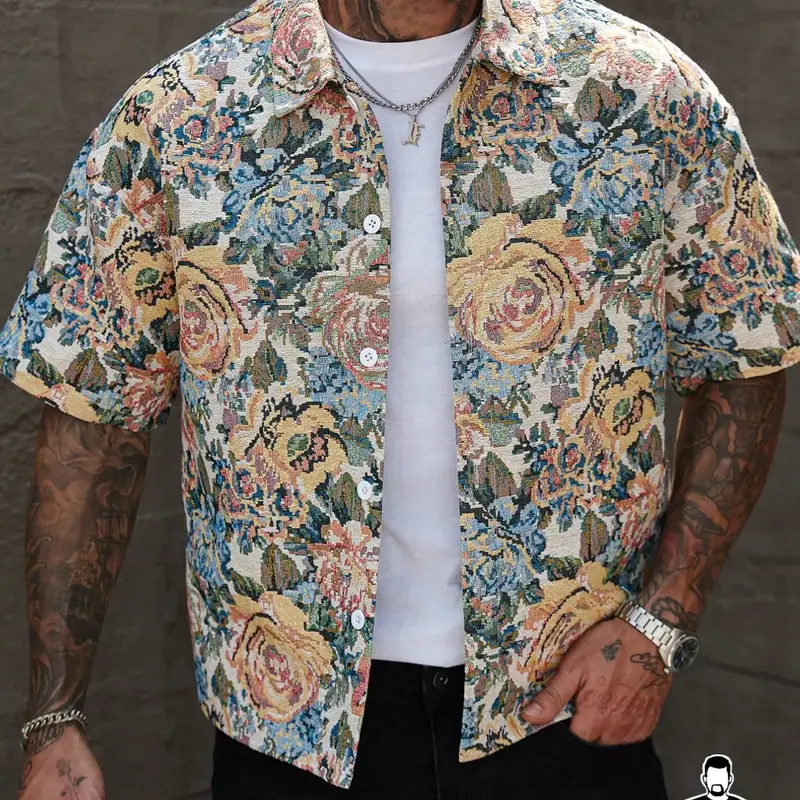 Men's Plus Size Woven Rose Floral Casual Collared Shirt, Casual Street Top, Casual Street Style, Spring & Fall Streetwear, Fitted Design, Daily Wear, Home, Travel, Holidays