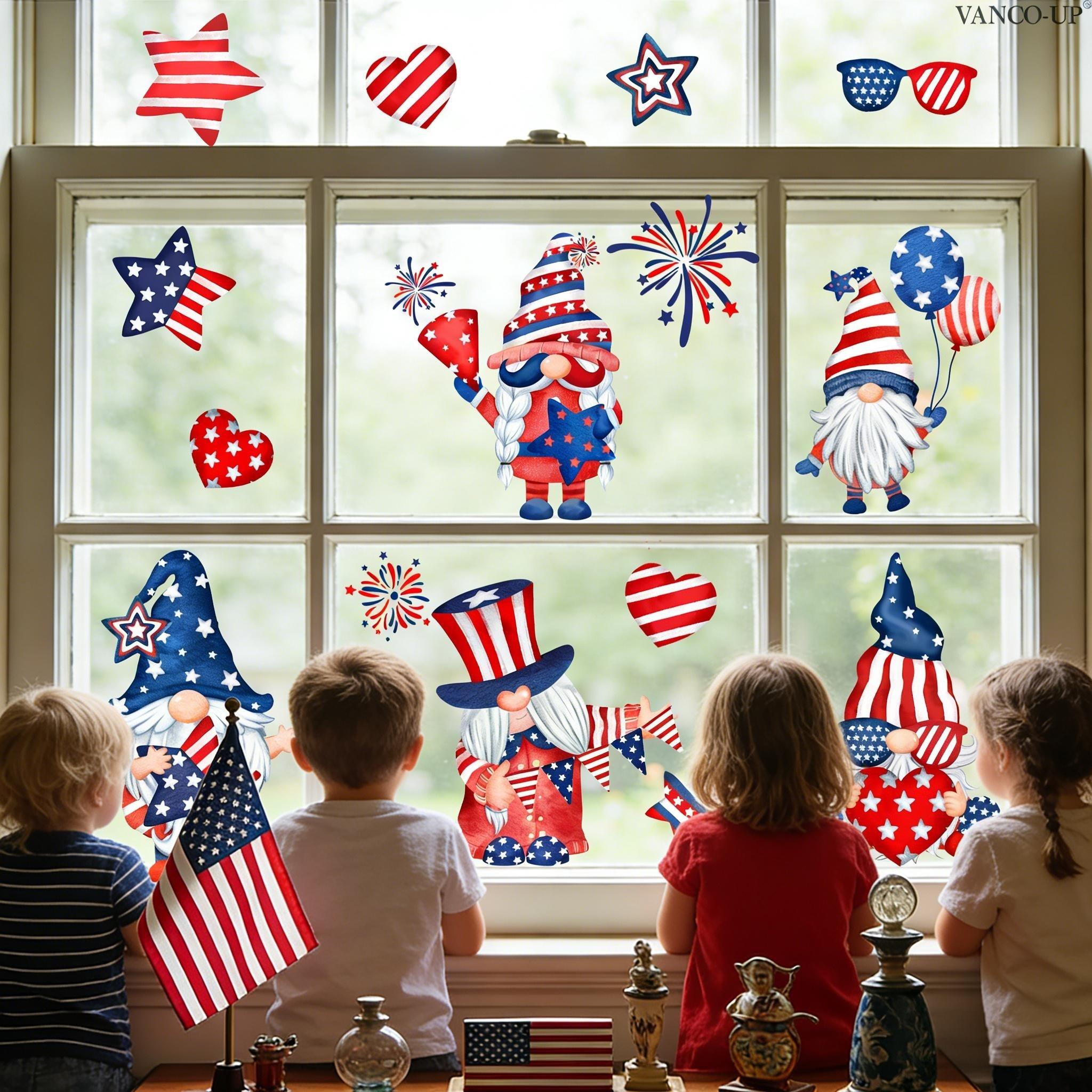 Set of 2 Pcs 30×30cm Independence Day Cartoon Stars & Stripes Gnome Double-Layer Static Window Clings for Bedroom Kids Room Glass Festival Decor
