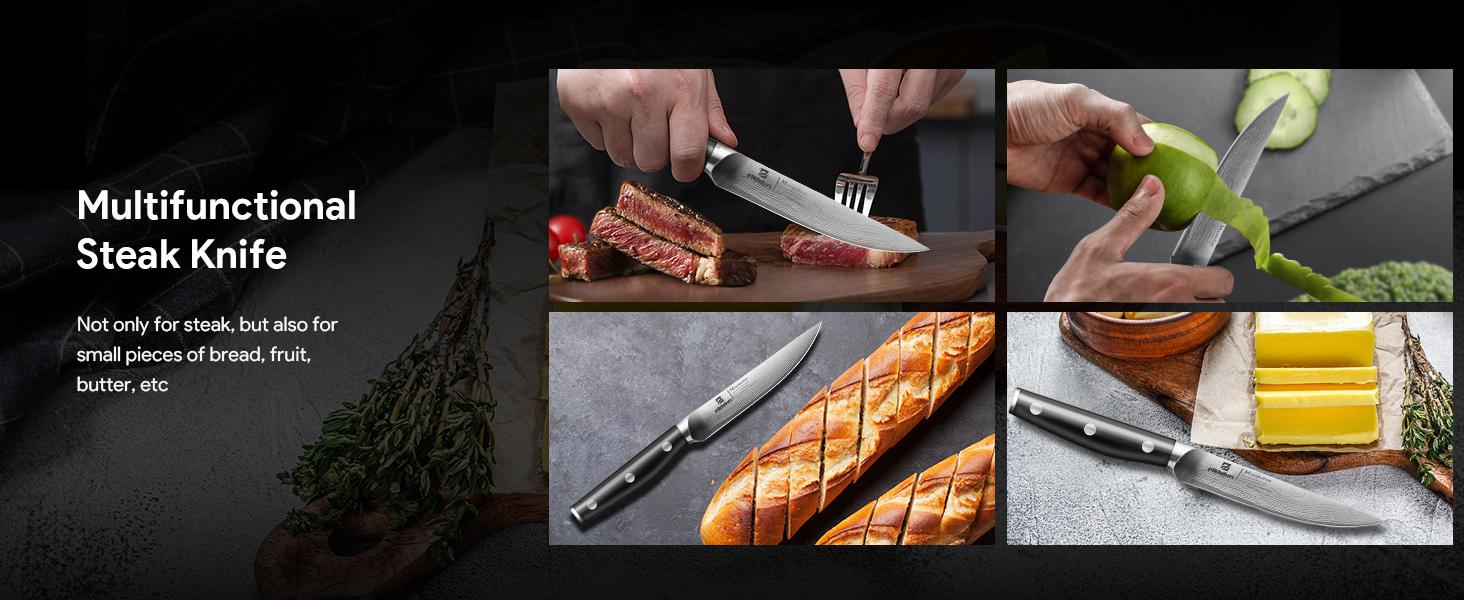 【TikTokShopJumpstart】Steak Knives Set of 6, 4.5 Inch Non Serrated Dinner Knife, Forged German Steel Damascus Pattern Straight Edge Meat Knife with Full Tang Handle, Dishwasher Safe, Ideal for Gift, Valentines Day Gift