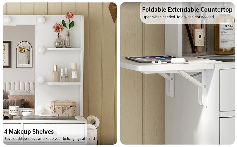 FUSOU 47"W Vanity Desk with 4 Shelves and Fold-up Panel,Power Outlet, 11 Drawers Makeup Vanity with Lighted Mirror, 3 Colors Adjustable, Glass Top Vanity with Chair, , Vanity Set for Bedroom, Dressing Room