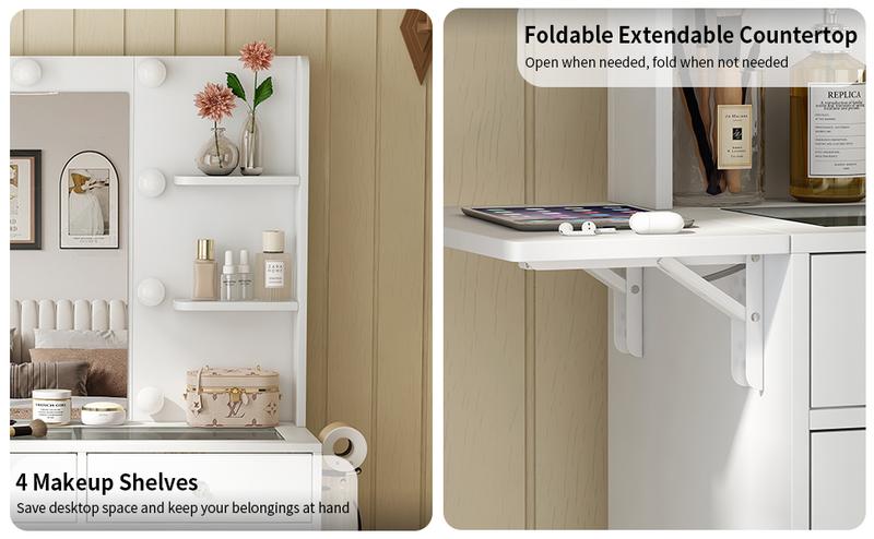 FUSOU 47"W Vanity Desk with 4 Shelves and Fold-up Panel,Power Outlet, 11 Drawers Makeup Vanity with Lighted Mirror, 3 Colors Adjustable, Glass Top Vanity with Chair, , Vanity Set for Bedroom, Dressing Room