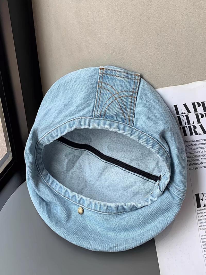 Women's Vintage Washed Denim Design Beret, Casual Outdoor Blue Hat for Women, Fashion Accessories for Daily Wear