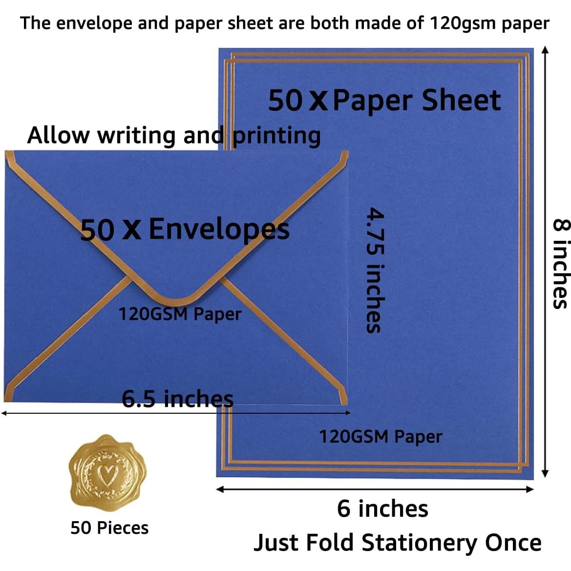 50-Pack Border Synthetic Sticker Set Office Stationery Kit, Blue, 6x8 Inches Paper Sheets, 4.75x6.5 Inches A6 Envelopes for Letter Writing, Invitations