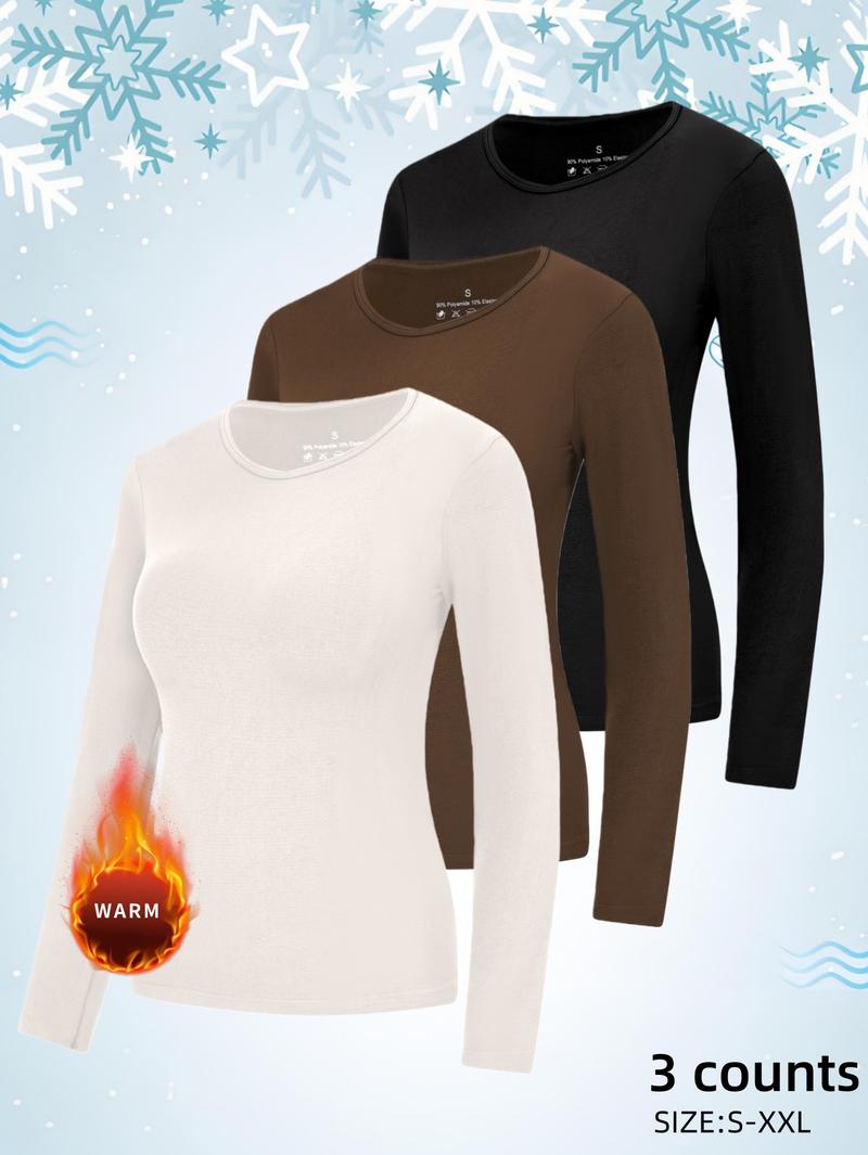 Women's Thermal Shirts Fleece Lined Athletic Tops Long Sleeve Compression Workout Baselayer for Cold Weather, Soft Breathable Round Neck Long Sleeve Thermal Warm Tops, Casual Fall & Winter Fitted Bottom Layering Shirts for Women