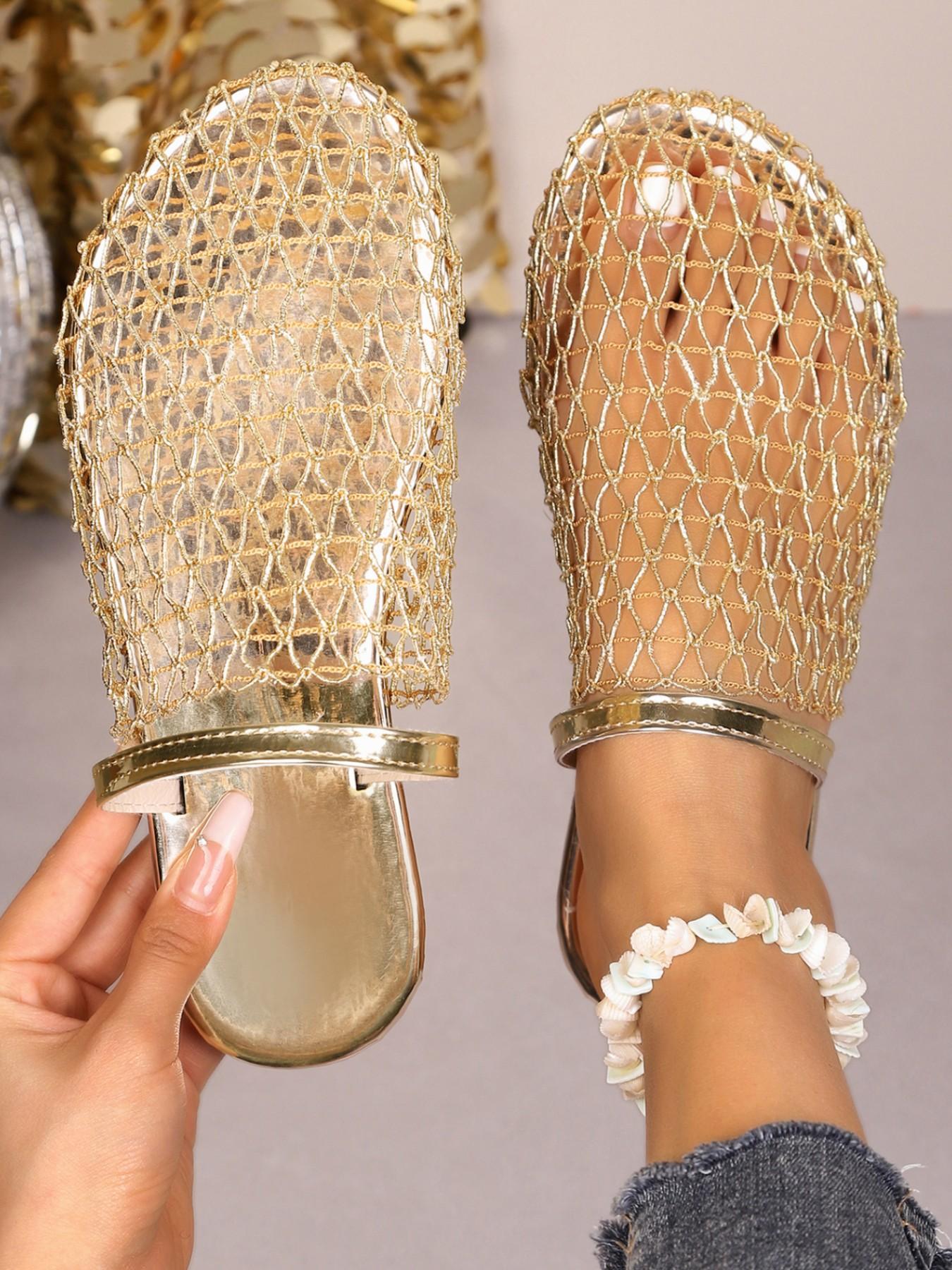 Women's YYW1 Fishnet Weave Hollow-Out Round Toe Flat Slip-On Casual Shoes, Large Sizes, Comfortable Walks for Daily Wear