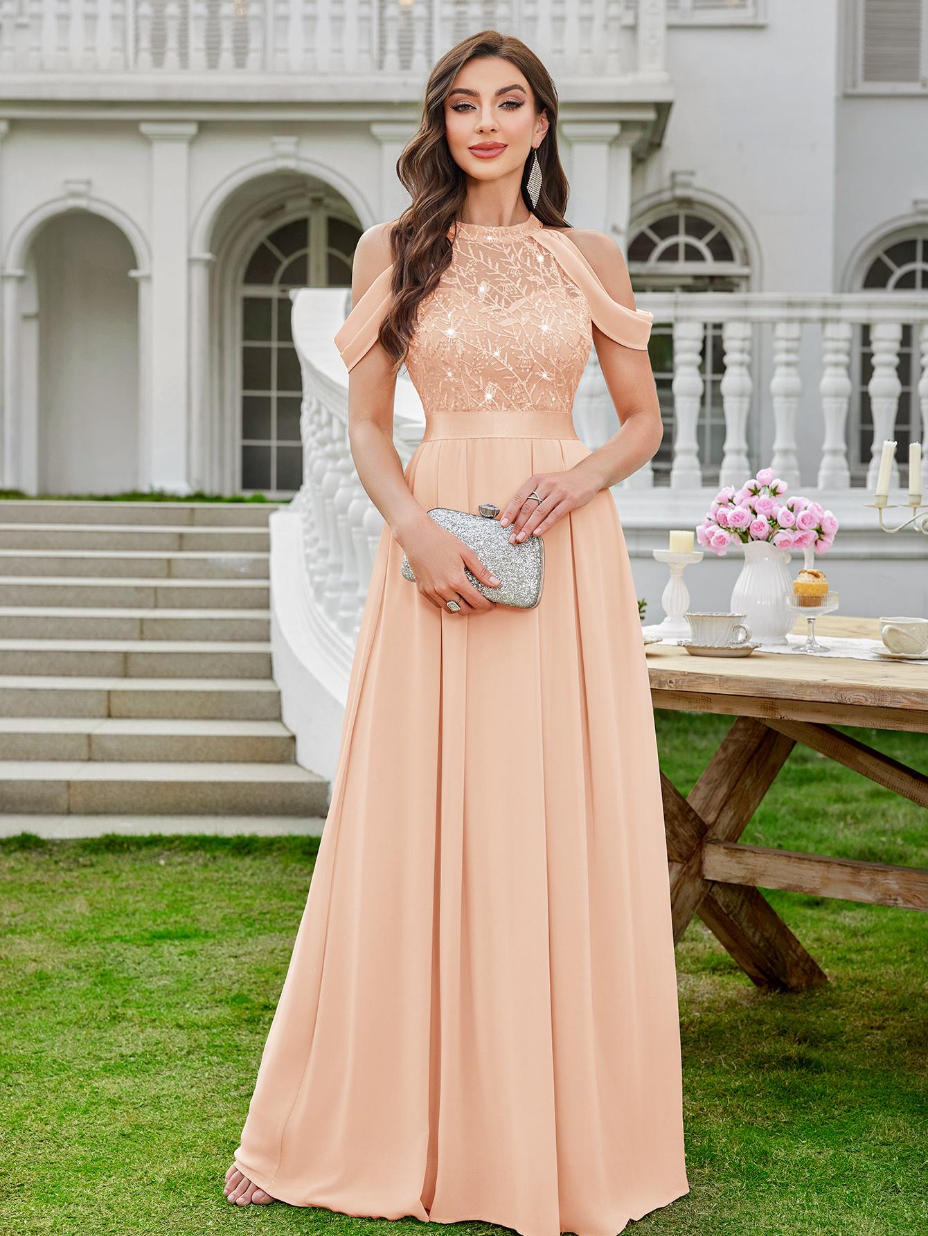 MIUSOL 24413A Women's Elegant Halter Sequin Embroidered Lace Off Shoulder Chiffon Sleeve Formal Evening Party Maxi Dress for Cocktail and Prom Events