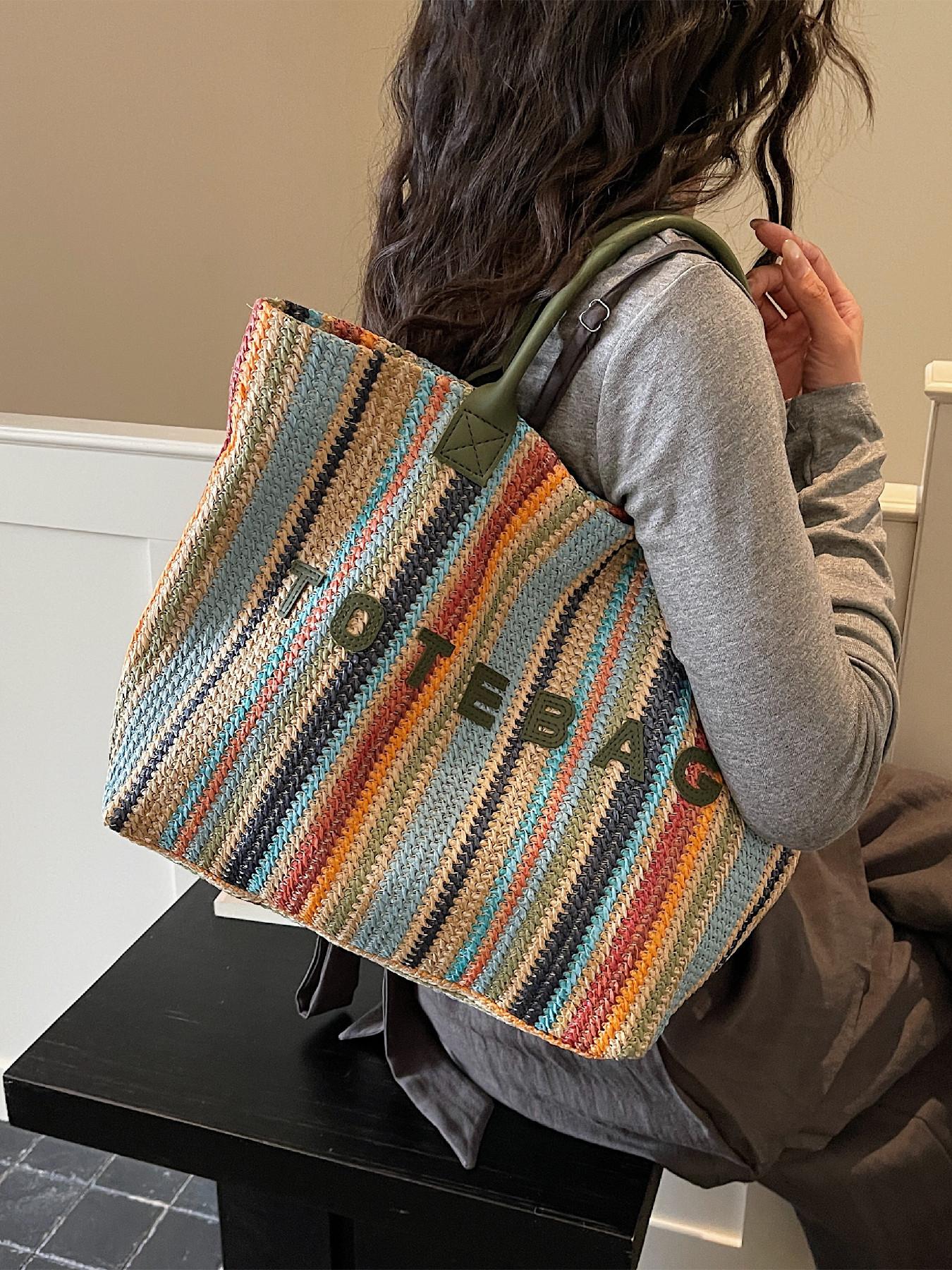 Simple Versatile Letter Decor Handwoven Straw Casual Tote Bag, Carry-Handle Design, Ideal for Daily Use, Beach Vacations, Outdoor Activities