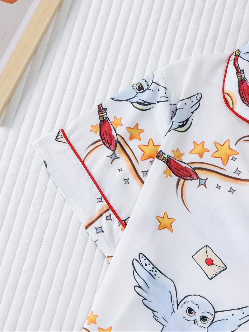 Women's Owl Print Short Sleeve Top & Elastic Waist Shorts Pyjama, Casual Comfy T-shirt & Shorts PJ Set, Ladies Sleepwear for Summer, Loungewear, Pajama Set