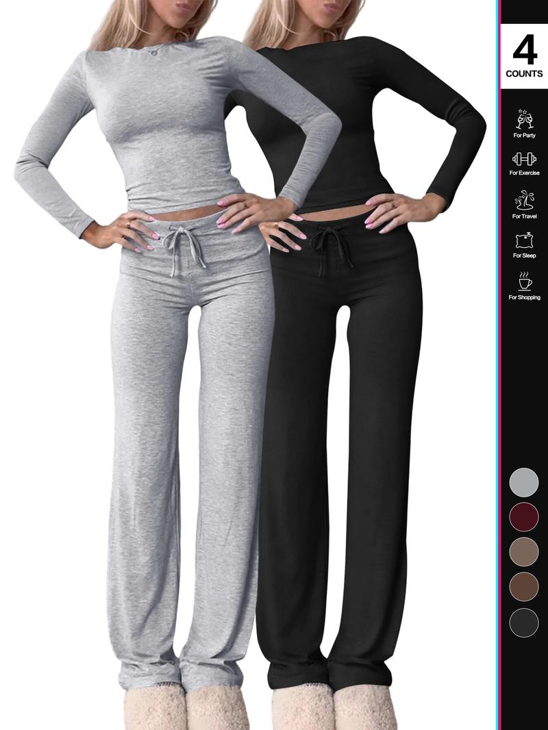 2026 Two Pieces Fall Women Clothes Y2K Sporty Casual Home Solid Color Fitted Long-Sleeved T-Shirt And Long Pants Set