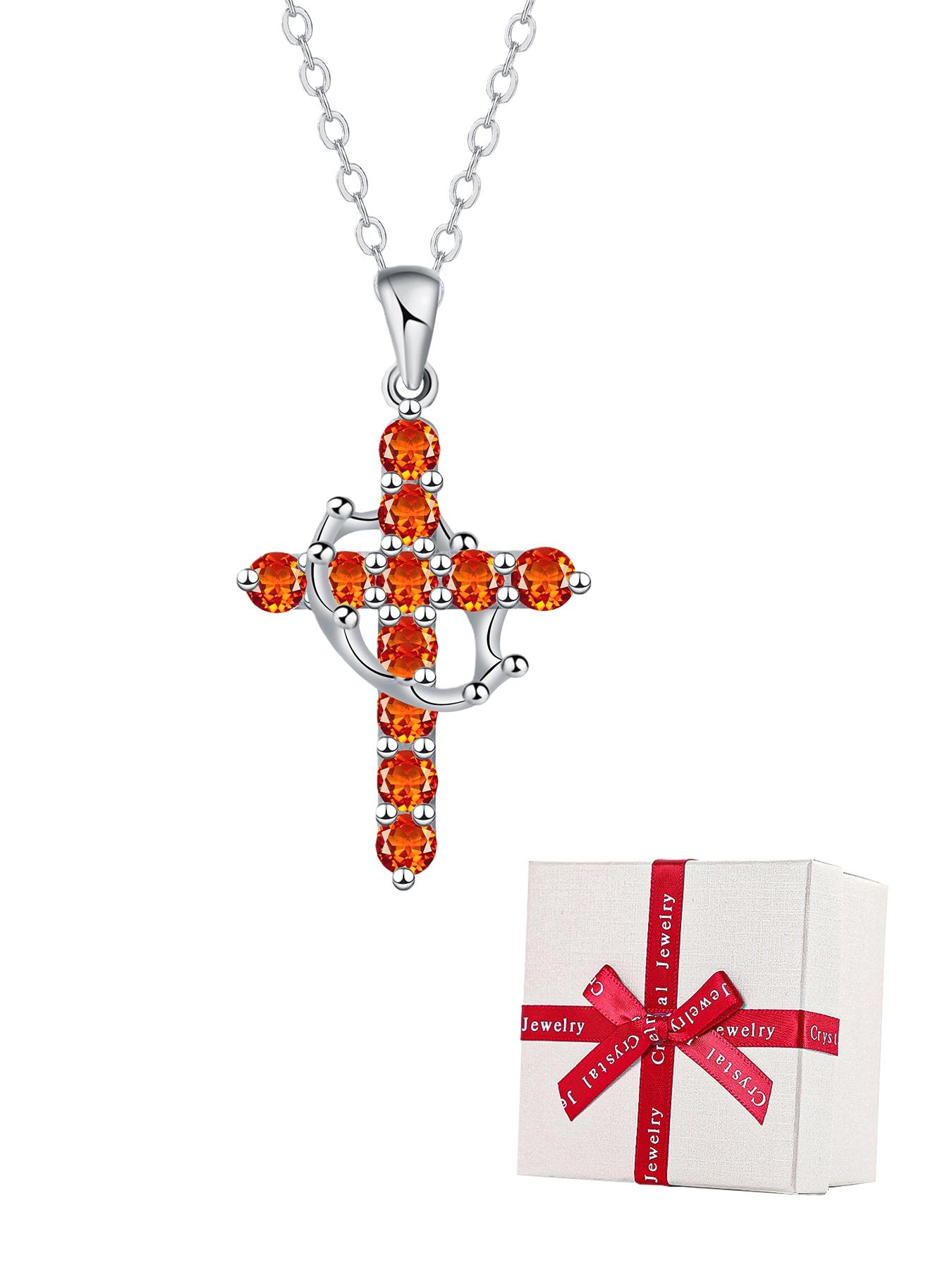 Women's Cz Birthstone Crown Cross Necklace Set, Colorful Fashion Pendant Exquisite Jewelry Gift Box, Christian Wife Mom Girlfriend Faith Present
