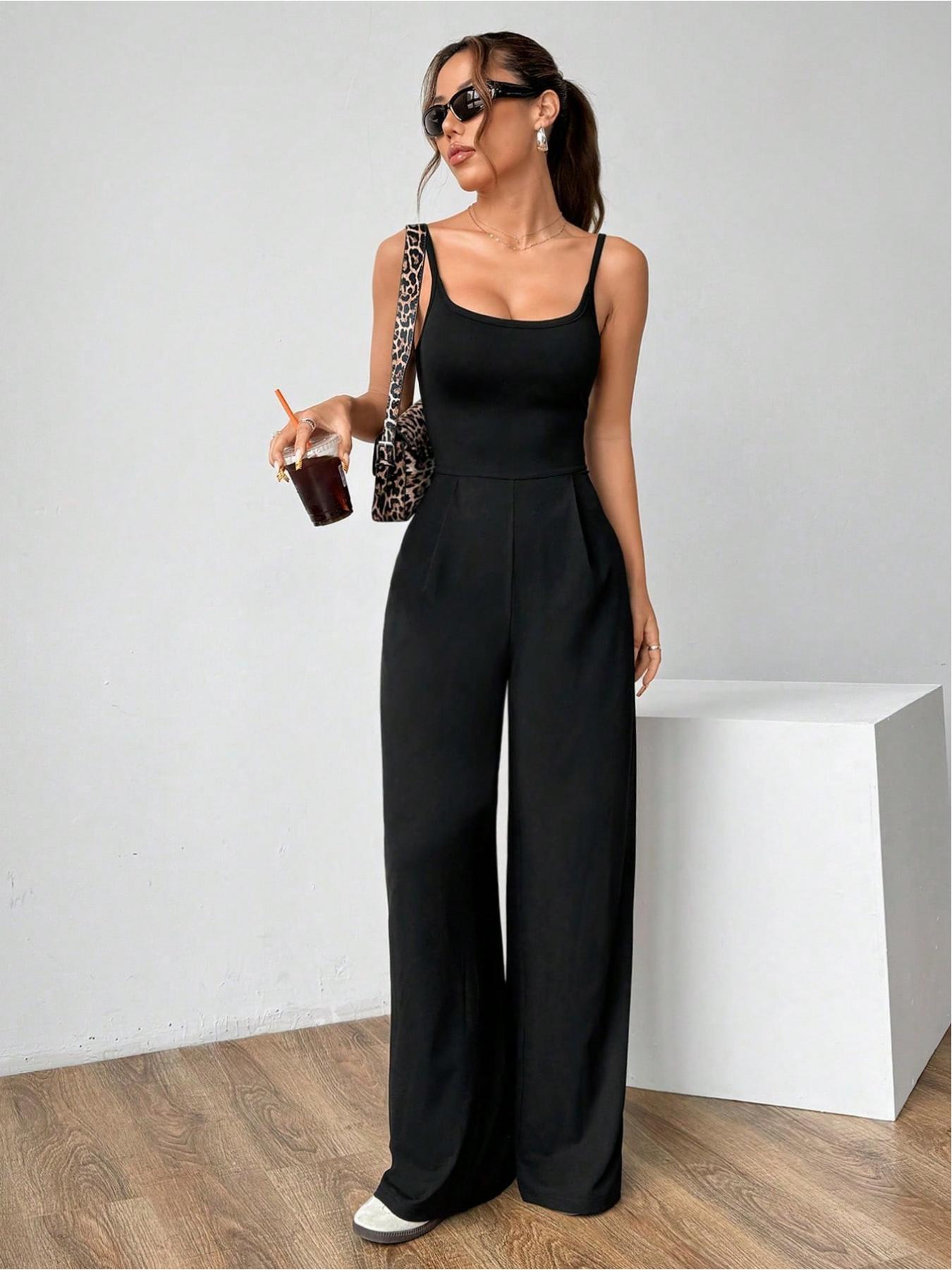 2026 Women's Solid Backless Fitted Plicated Camijumpsuit, Sleeveless Spaghetti Strap Square Neck, Sexy Wide Leg Jumpsuit for All Seasons