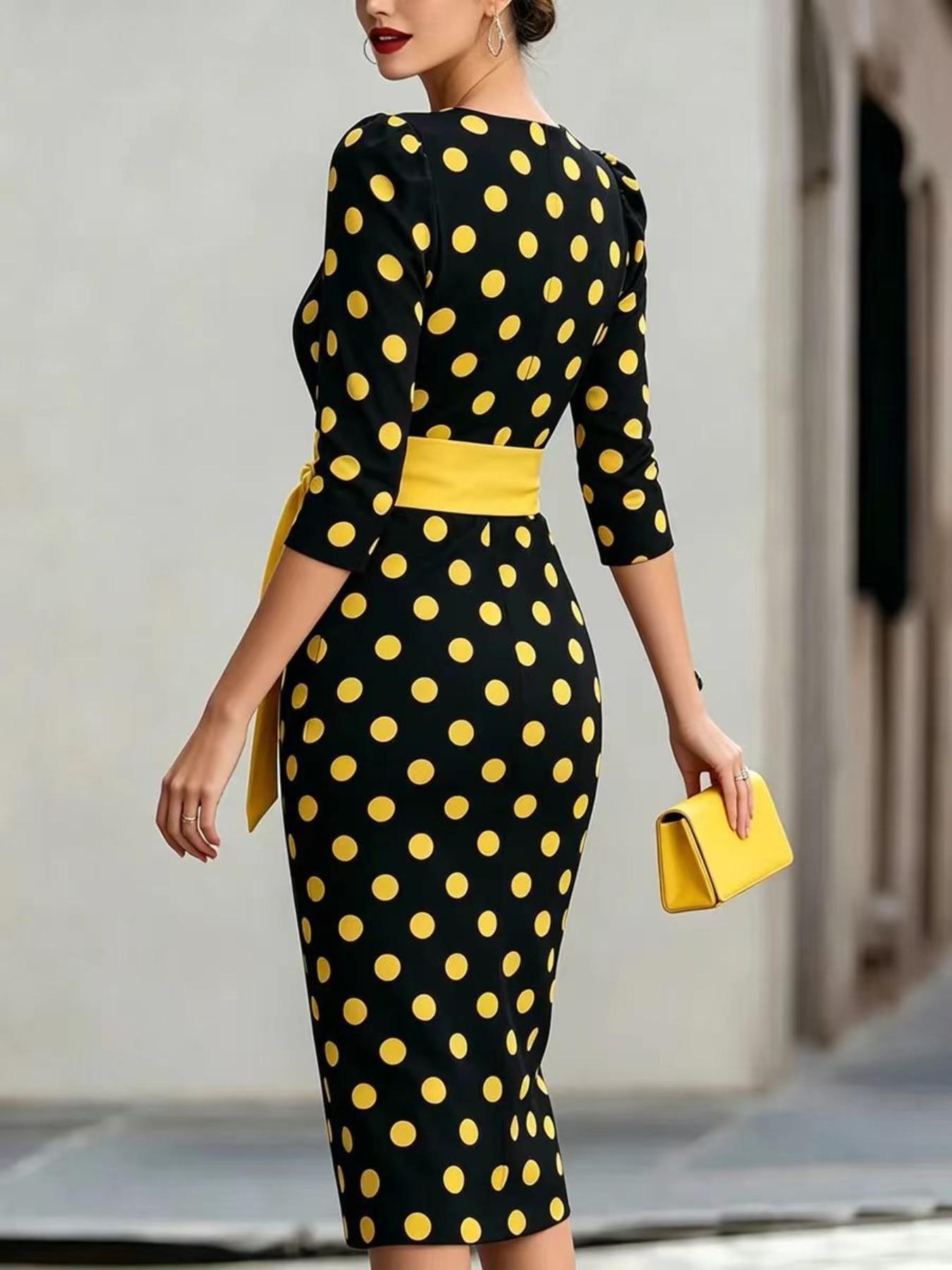 Women's Summer New Fashion Elegant Chic Polka Dot Bodycon Dress with Waist Belt, Stylish and Comfortable, Perfect for Daily Wear