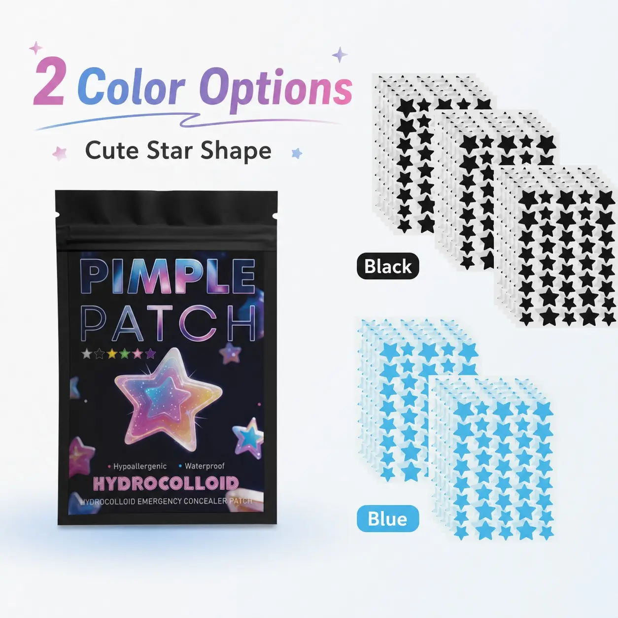 1200pcs Star Hydrocolloid Pimple Patches in Black and Blue, Thin Waterproof Facial Cover Stickers, Multi-Sheet Skincare Collection for Teens and Adults, Great for Daily Care, Travel, Campus, Concerts, Halloween Parties, Birthdays and Gifts