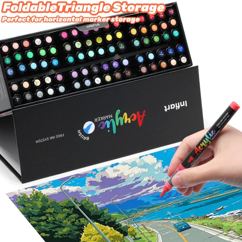 Acrylic Paint Markers Set, With Foldable Triangle Storage,Acrylic Paint Pens Brush Tip for Rock Painting, Wood, Glass, Stone, Canvas, Ceramic, Fabric,DIY Craft,Art Supplies for Adults,Art Mrkers