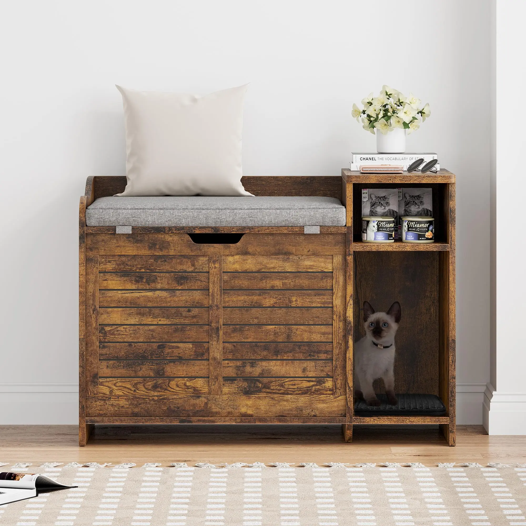 Brown Cat Litter Box Enclosure Furniture with Cushion, Top Opening, Furniture Look, Privacy Cover, Cat House Cabinet