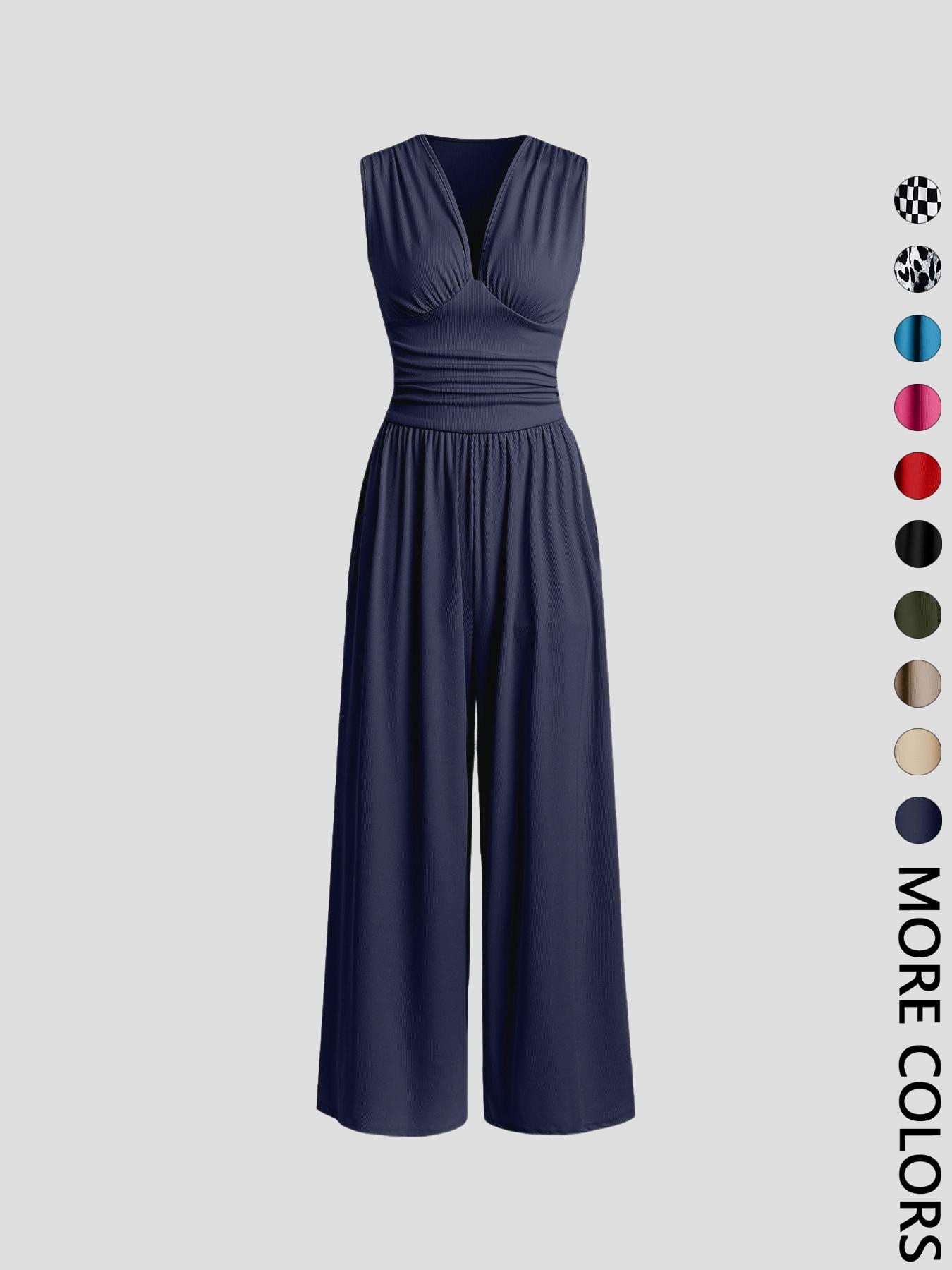 Women's Plain Ruched Deep V Neck Jumpsuit, Elegant Sleeveless Wide Leg Jumpsuit for Summer, Ladies Clothes for Beach Holiday Vacation Style