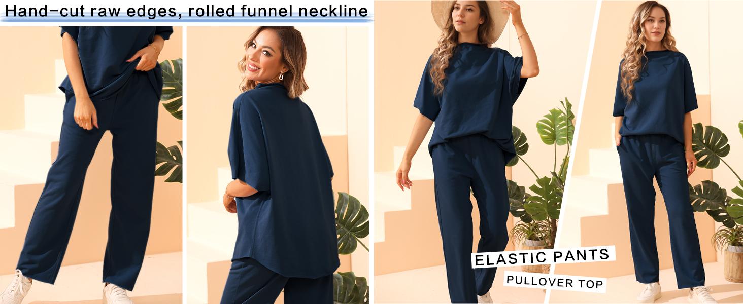 Women's 2 Piece Outfits Lounge Set 3/4 Batwing Sleeve Capelet Crew Neck Pullover Tops Wide Leg Pants Travel Set SpringStatements