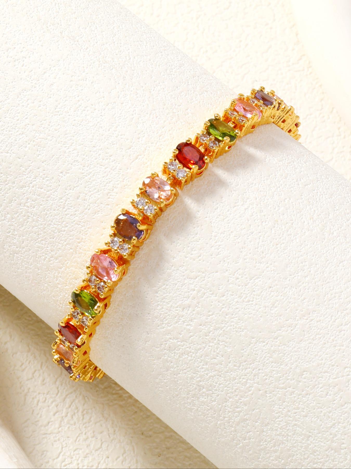 Luxury Rainbow Gemstone Bracelet, Copper Material Jewelry, Elegant Design Accessory for Women & Girls, Perfect Gift Idea