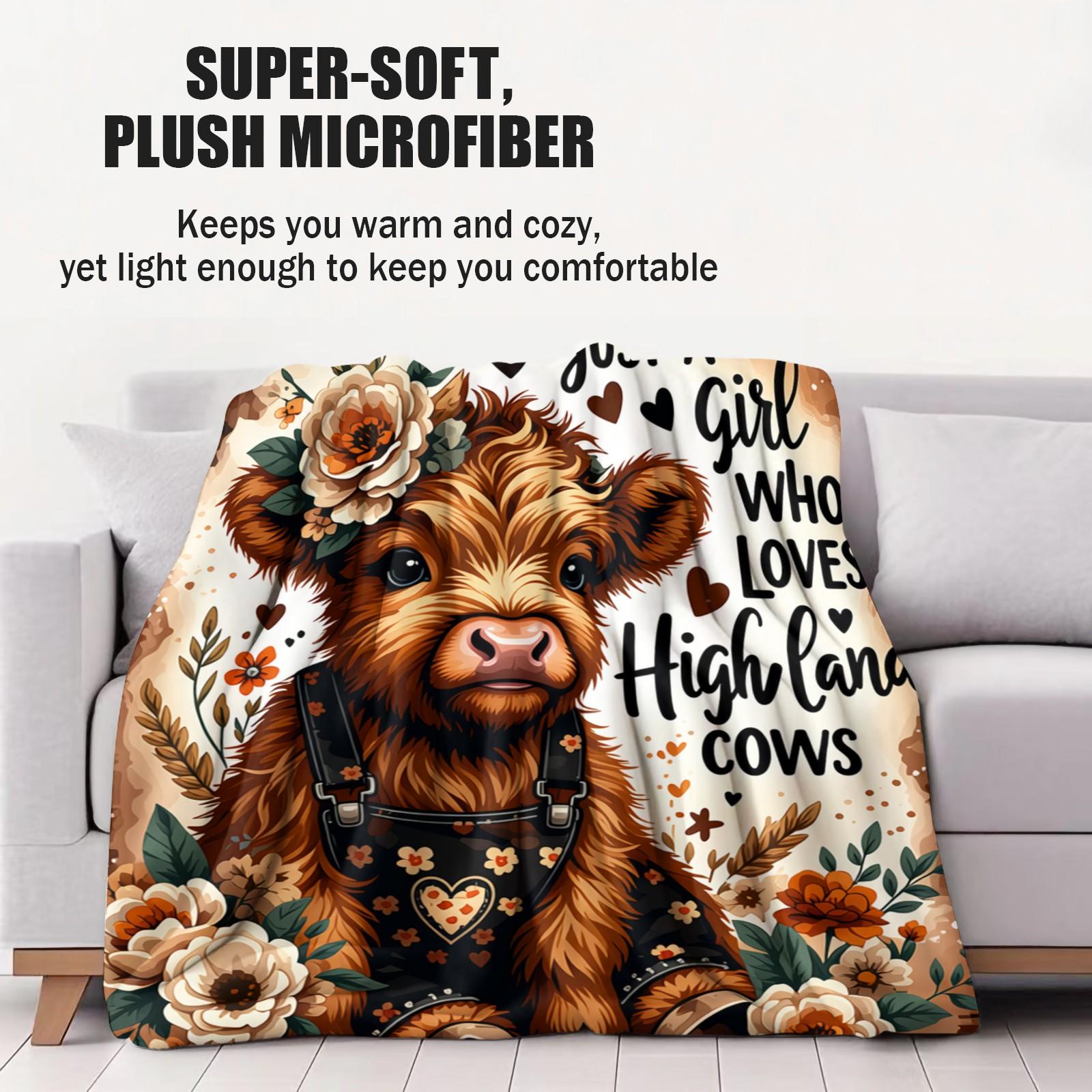 Just A Girl Who Loves Highland Cows Lightweight Throw Blanket, Soft Flannel Fleece Cute Highland Cow Floral Blanket, Western Plaid Nap Blanket for Couch Bed Office Travel, Ideal Gift for Highland Cow Lovers Women Girls Teens