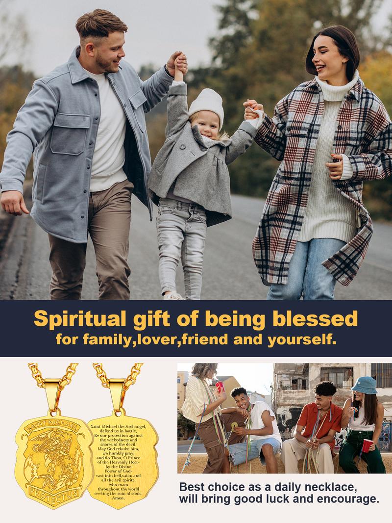 FindChic St. Michael Necklaces Stainless Steel Golden Biblical Archangel Jewelry Shield Medal Pendant For Women Men